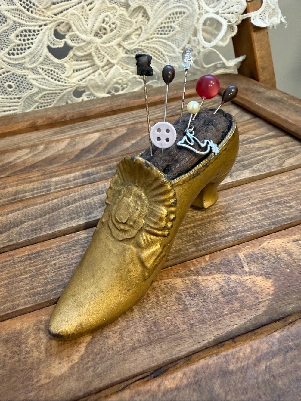 Vintage Gold Shoe Pincushion Ornate Sewing Collectible Decorative Shoe